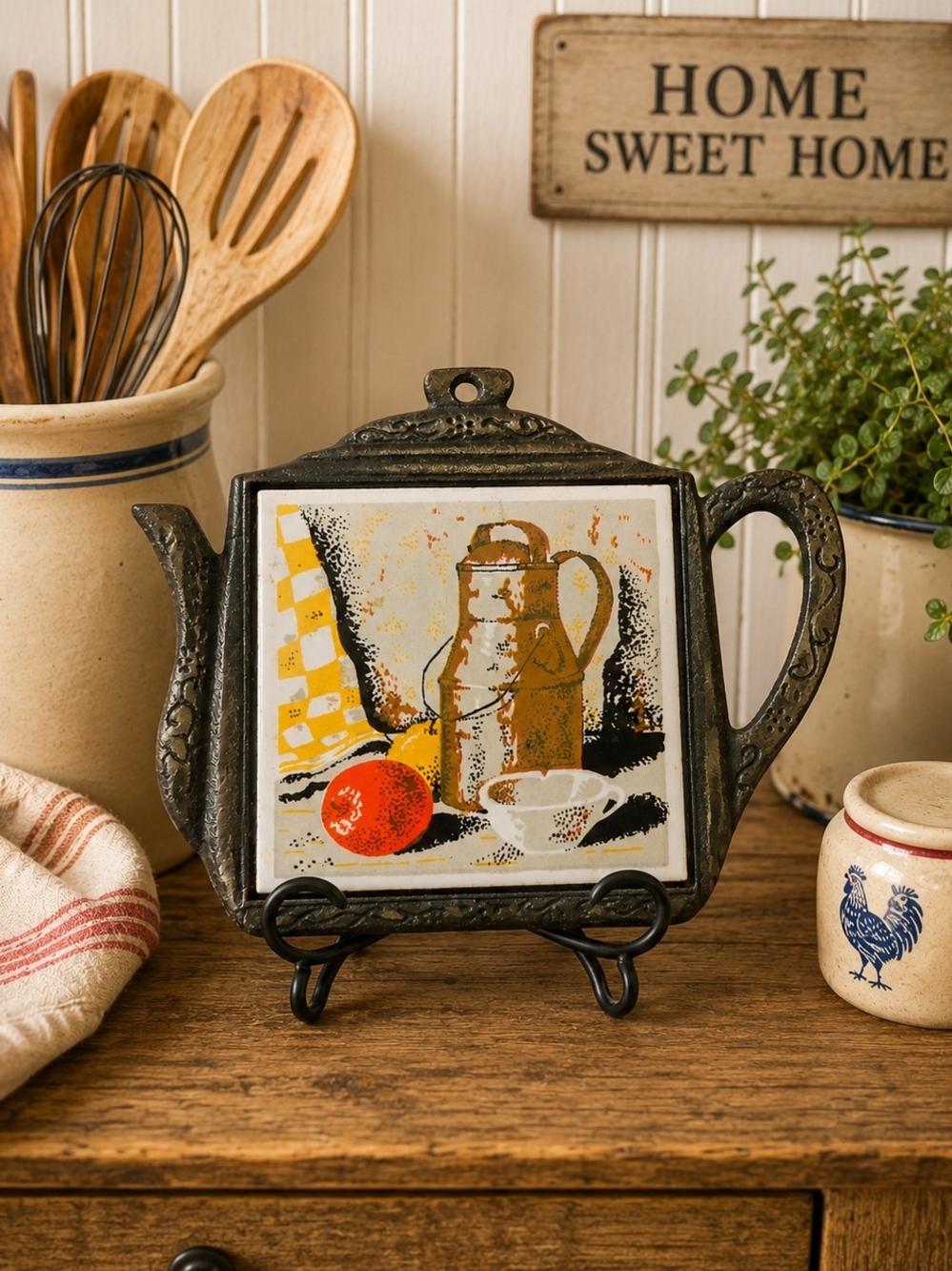 Vintage Made in Japan Cast Iron Teapot Trivet Tile Kitchen Wall Decor